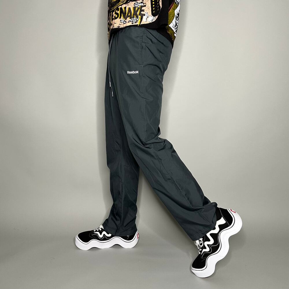Vintage Y2K Reebok Track Pants Mens S Dark Grey White Spellout Logo Mesh Lined